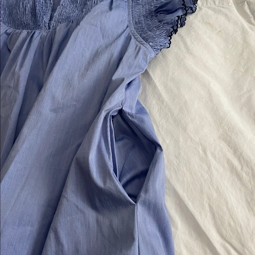 Blue Smocked Dress with Ruffled Sleeves - Picture 3 of 8